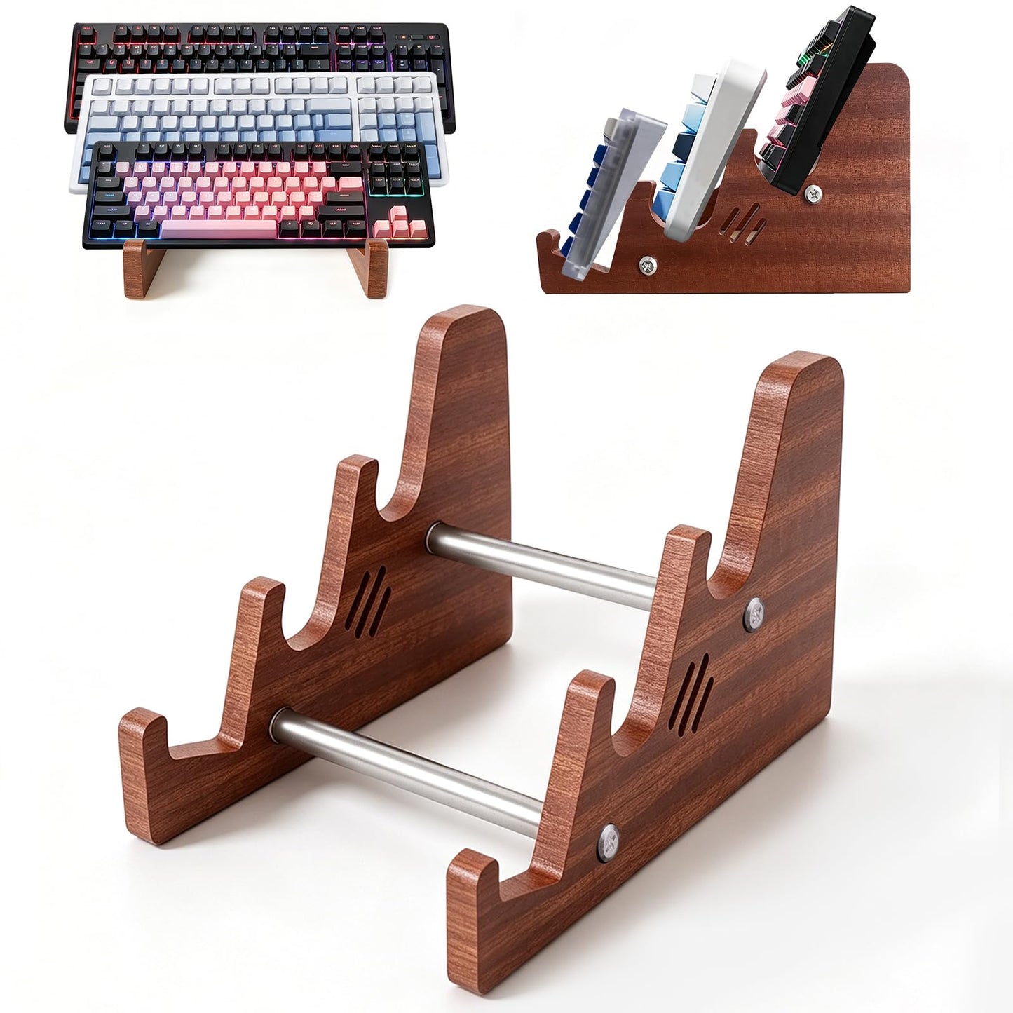 DHUJBFF 3-Tier Wood Keyboard Stand Detachable Display Rack for Mechanical Keyboards, Computer, Tablet, Desk Organizer with Sapele Wood, Easy Assembly, Strong Load Bearing for Office/Gaming