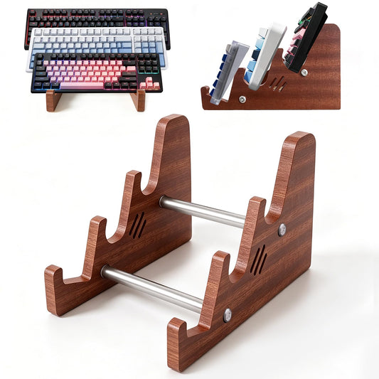 DHUJBFF 3-Tier Wood Keyboard Stand Detachable Display Rack for Mechanical Keyboards, Computer, Tablet, Desk Organizer with Sapele Wood, Easy Assembly, Strong Load Bearing for Office/Gaming