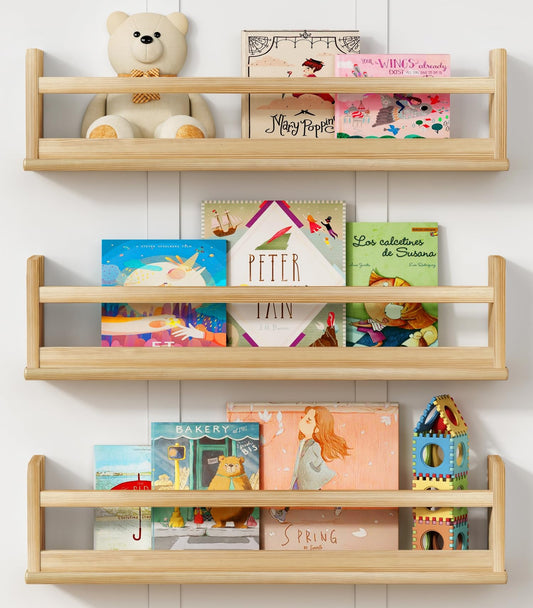 Harwaya Natural Wood Wall Bookshelf for Kids Bedroom Set of 3, 24 Inch Wooden Floating Nursery Book Shelves for Baby Boy Girl Room, Wall Mounted Toddler Book Shelf for Toy Organizers and Storage