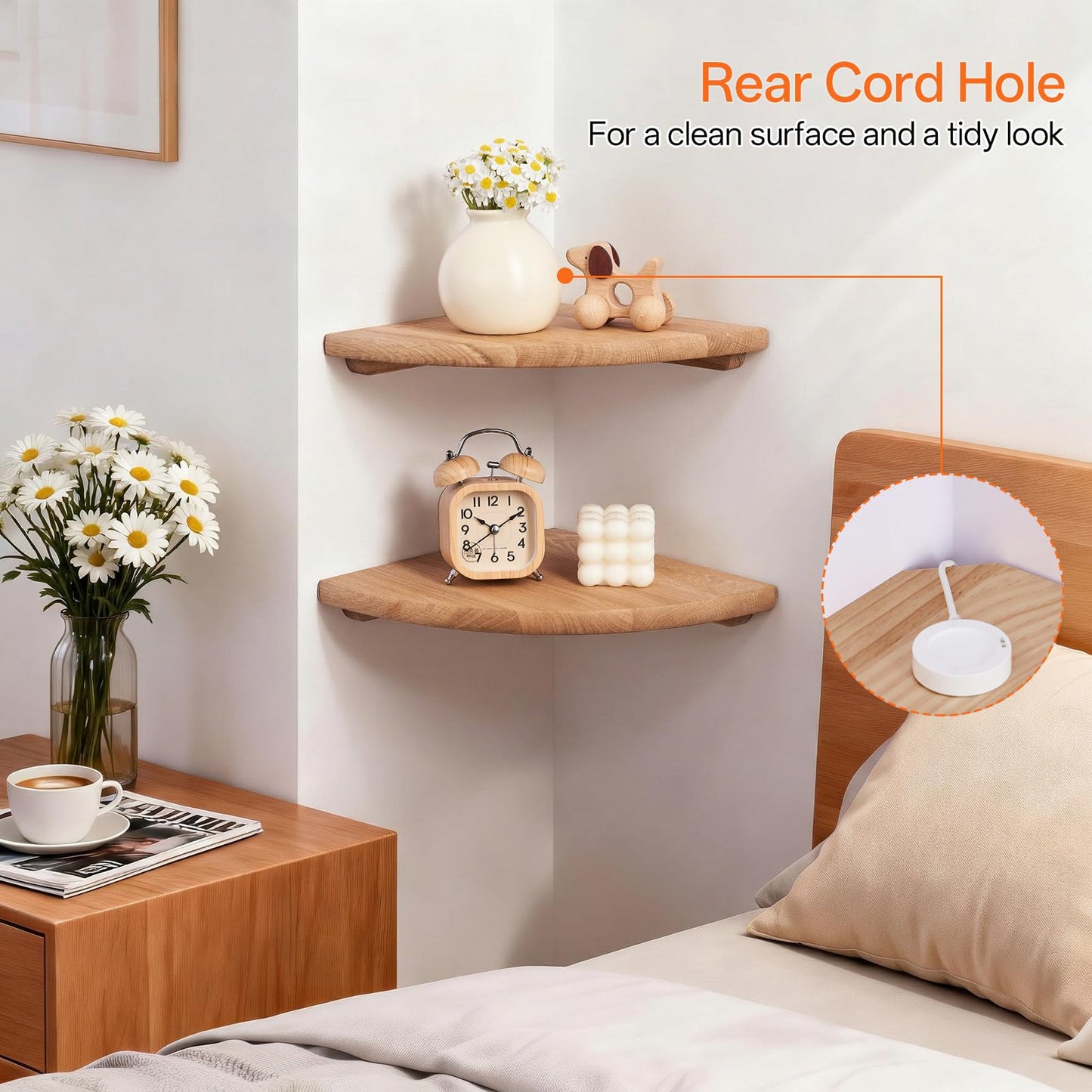 Gieanoo Corner Floating Shelf 9inch Solid Oak Wood Floating Corner Shelf with Wire Hole Corner Wall Mount Storage Display Shelves for Living Room Bedroom Bathroom Kitchen