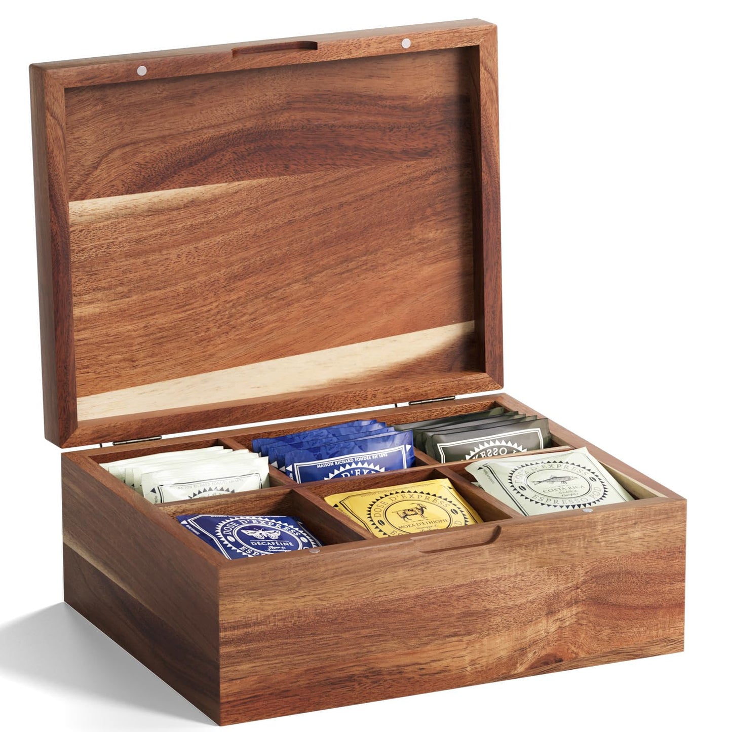 Danfoxer Acacia Wood Tea Bag Organizers, Tea and Sugar Packet Storage Chest with Lid, Wooden Teabag Holder Containers,Storage Box Teabox with 6 Compartments