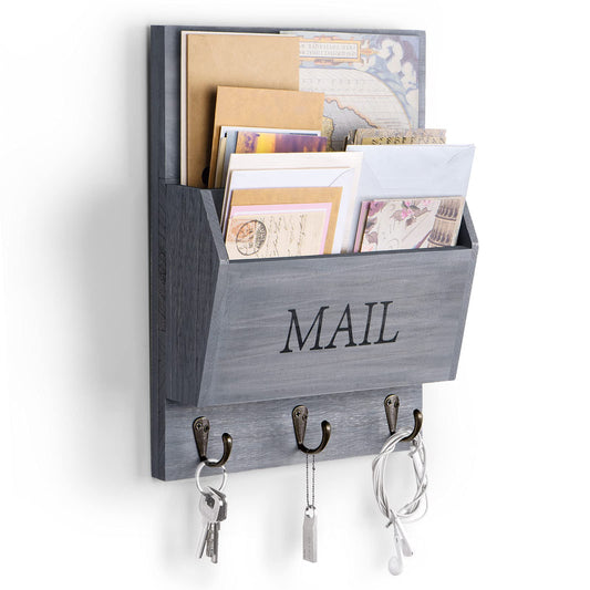 DLQuarts Mail Organizer with Key Holder for Wall Decorative Mail Sorter Wall Mounted, Wooden Mail Holder with 3 Hooks, Gray