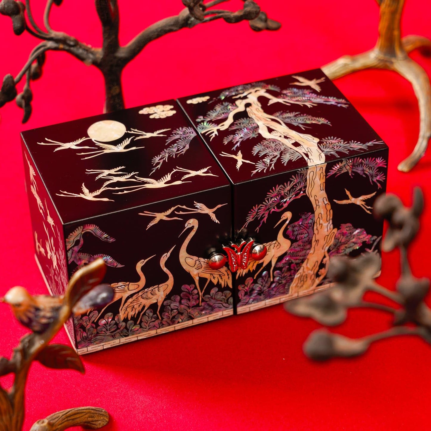February Mountain Mother of Pearl Sea Shell Inlaid Wooden Cube Jewelry Organizer Box - Perfect for, Bracelets, Trinkets, Watches, Earrings, Chains & Accessories