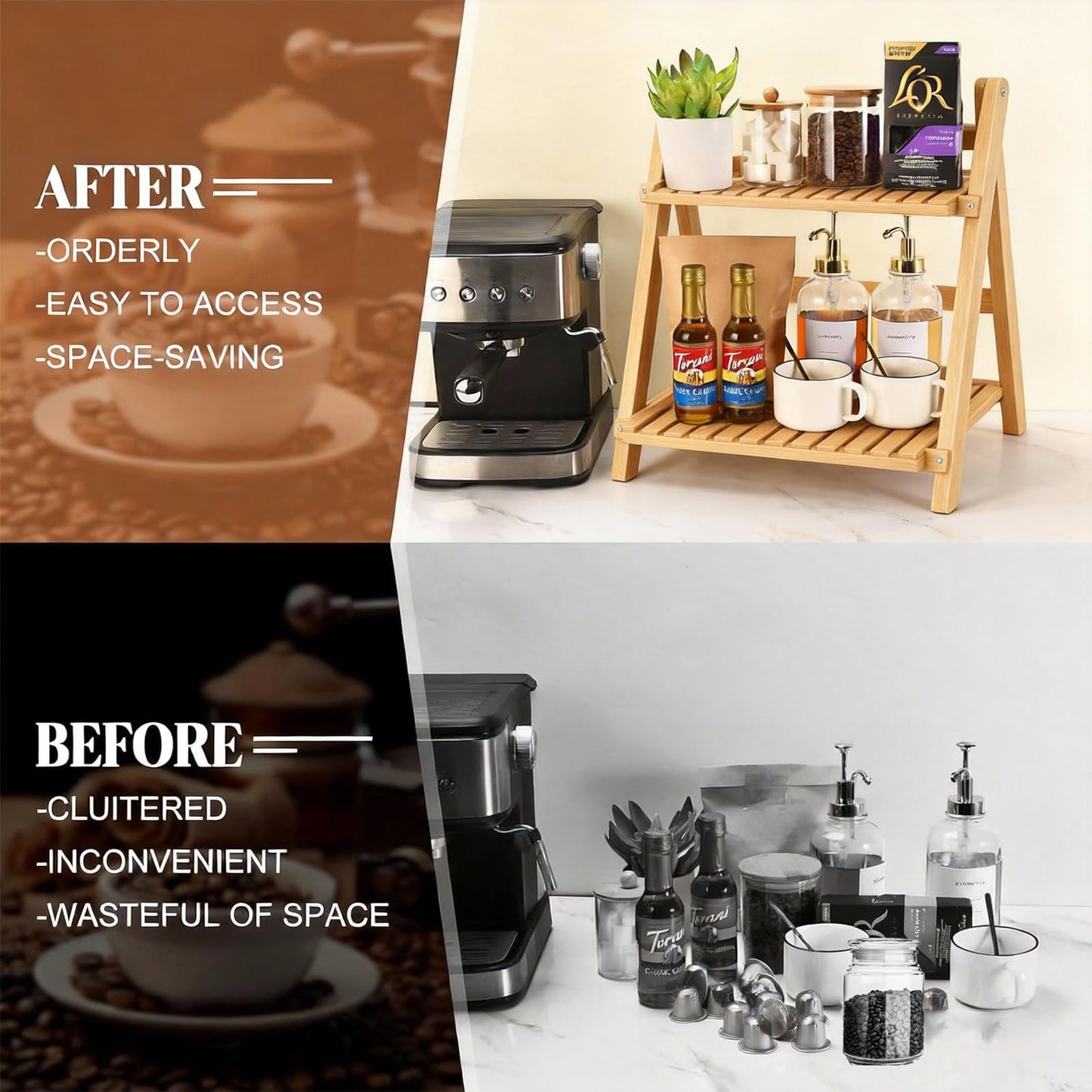 Winmist Glimpse Wooden Matcha Station Shelf, 2 Tier Natural Finish Bamboo Countertop Organizer, 15.7x13.8x7.5 Inch Coffee Bar Display Stand for Mugs, Condiments, Tea & Kitchen Accessories