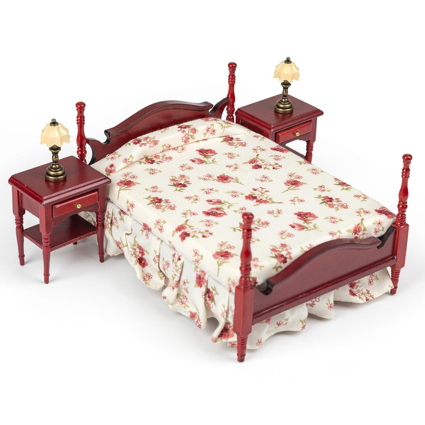SAMCAMI Miniature Dollhouse Furniture - Victorian Wooden Dollhouse Furniture Set for Dollhouse Bedroom Incl Classical Bed, Bedside Table, Table Lamps (Bedroom Set)