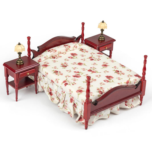 SAMCAMI Miniature Dollhouse Furniture - Victorian Wooden Dollhouse Furniture Set for Dollhouse Bedroom Incl Classical Bed, Bedside Table, Table Lamps (Bedroom Set)