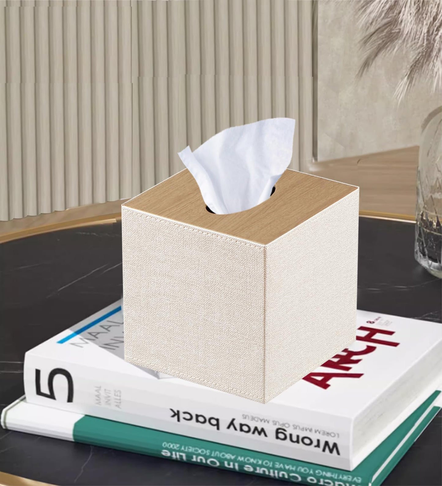 PU Leather Tissue Box Cover Square,Upgrade 99% Compatible Large Size,Cube Tissue Box Holder for Napkin Facial Paper,Dryer Sheet Dispenser Organizer for Bathroom Vanity Countertop Night Stand,Beige