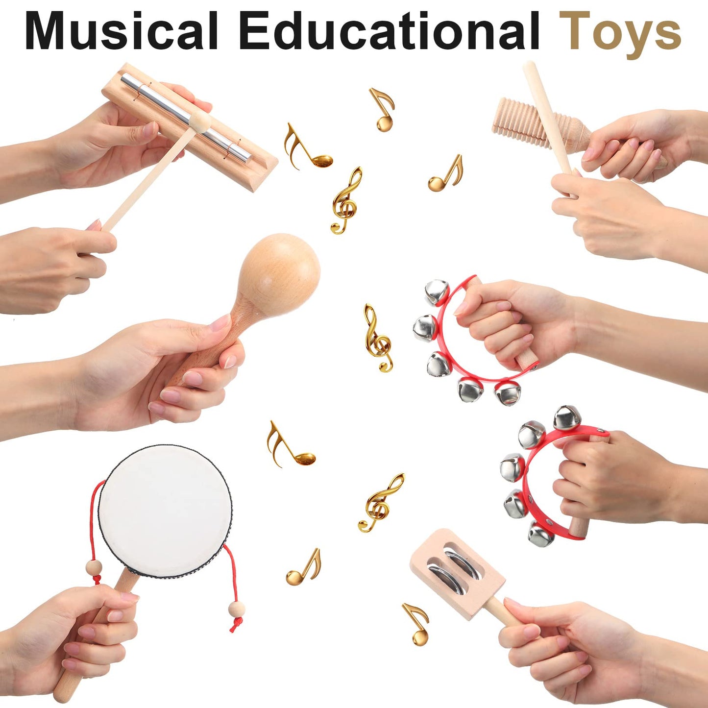 Chumia Toddler Musical Instruments Set 13 Pcs Montessori Wooden Percussion Instruments with Drum Preschool Educational Baby Early Learning Music Toys Set for Little Boys Girls Kids Children Gifts