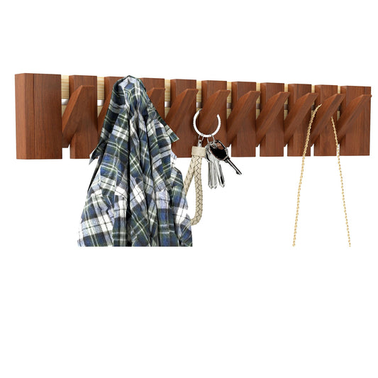 Qriocioa Wood Wall Mounted Coat Rack with 10 Flip Down Hooks, Heavy Duty Piano Style Wall Hook Rack, Decorative Coat Hooks Wall Mount for Entryway, Living Room, Bedroom, Bathroom, Kitchen