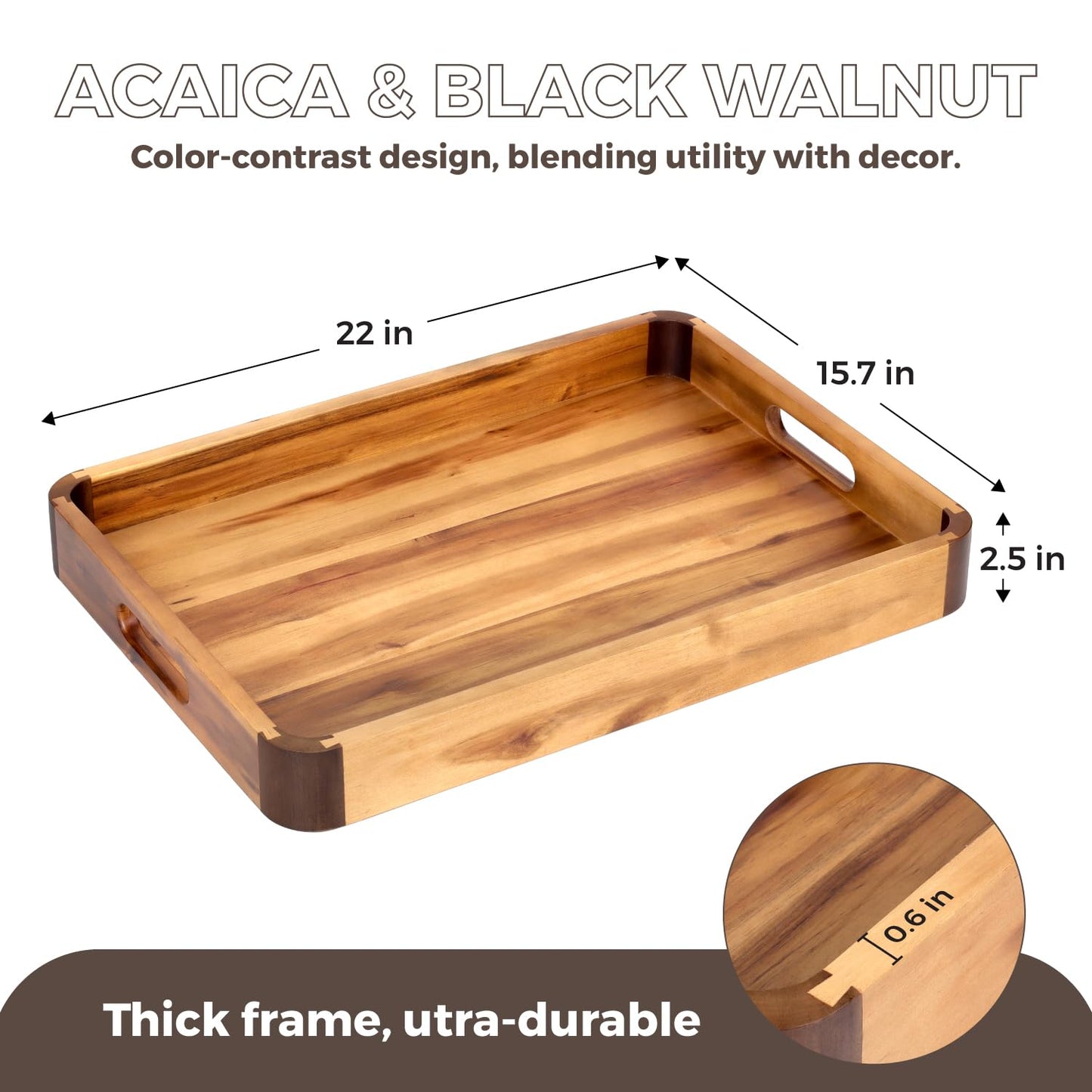 22 x 15.7 Inch Large Acacia Wood Serving Tray with Handles, Extra Spacious Decorative Wooden Tray with Dark Walnut-Tone Curved Corner Accents for Coffee Table, Ottoman & Kitchen Counter