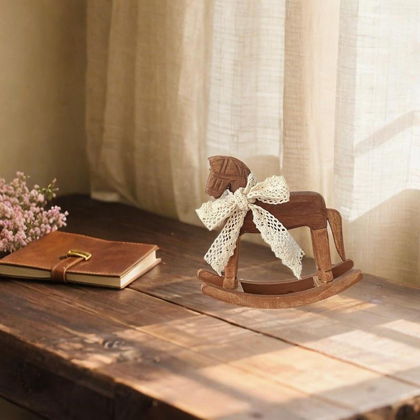 MagiDeal Wooden Horse Figurine Rocking Horse Statue with Ribbon Decorative Unique Collectible Holiday Season Ornament Table Decoration, C Lace Ribbon