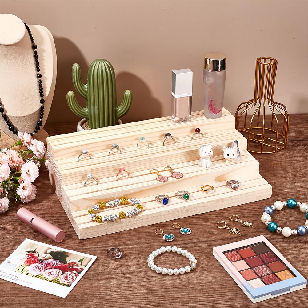 NBEADS 4-Tier Wood Jewelry Display Stand, Wooden Earring Organizer Holder with Grooves Jewelry Showcase Rack for Rings Earring Display Photo Home Decorations