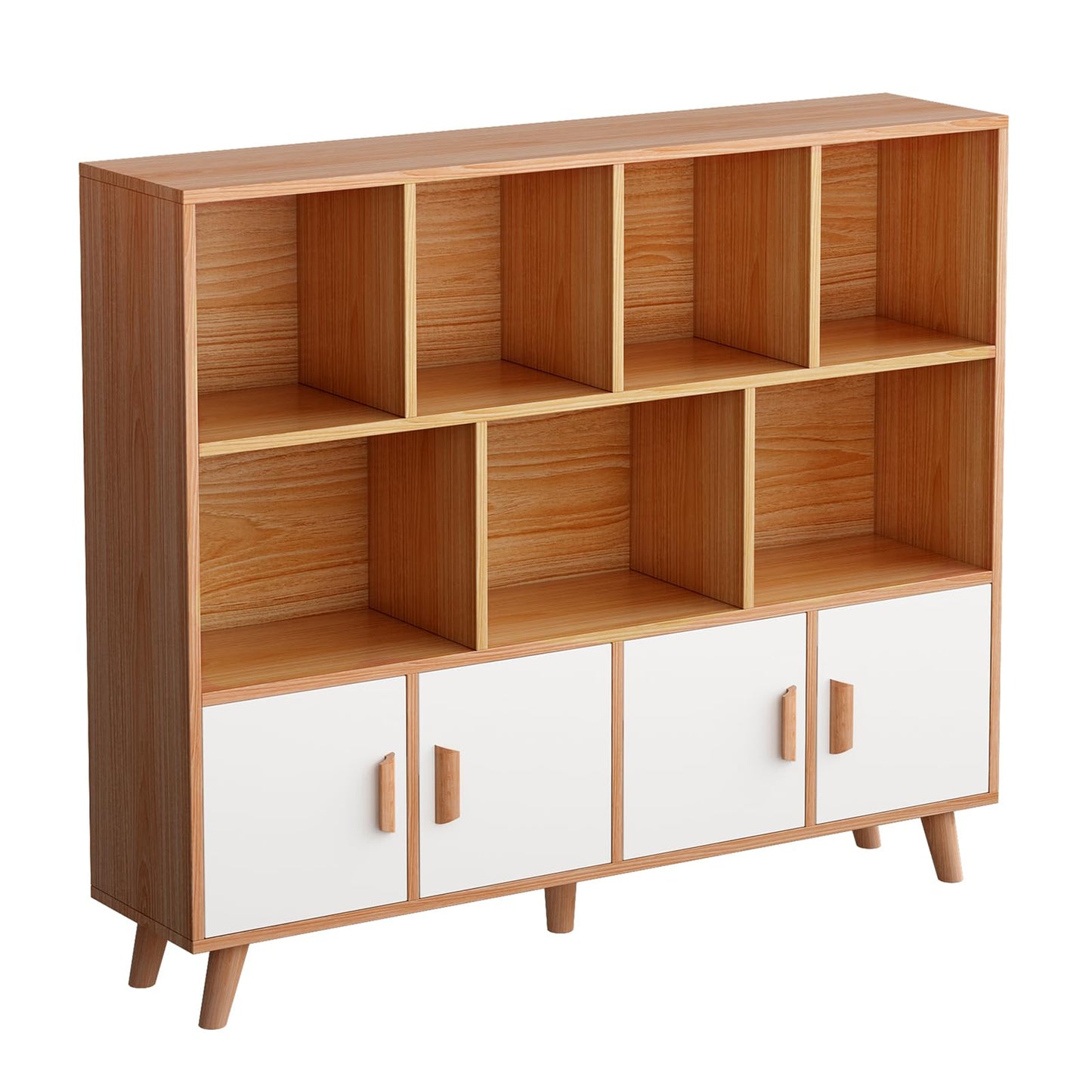 OSCHF Cubby Shelf Bookcase with Doors - Wooden 11 Cube Floor Standing Open Bookshelf with Solid Wood Legs, 3-Tier Storage Cabinet, Oak and Warm White
