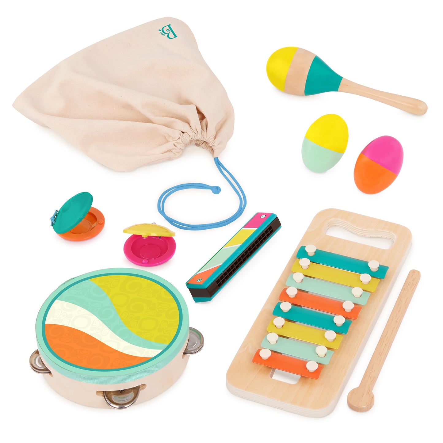 B. toys – Make a Melody – 9 Pieces Wooden Musical Instruments – Xylophone, Tambourine, Harmonica – Drawstring Storage Bag – 2+ Years
