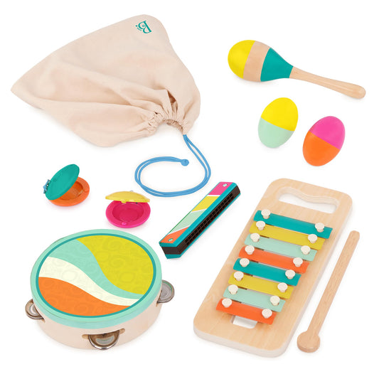B. toys – Make a Melody – 9 Pieces Wooden Musical Instruments – Xylophone, Tambourine, Harmonica – Drawstring Storage Bag – 2+ Years