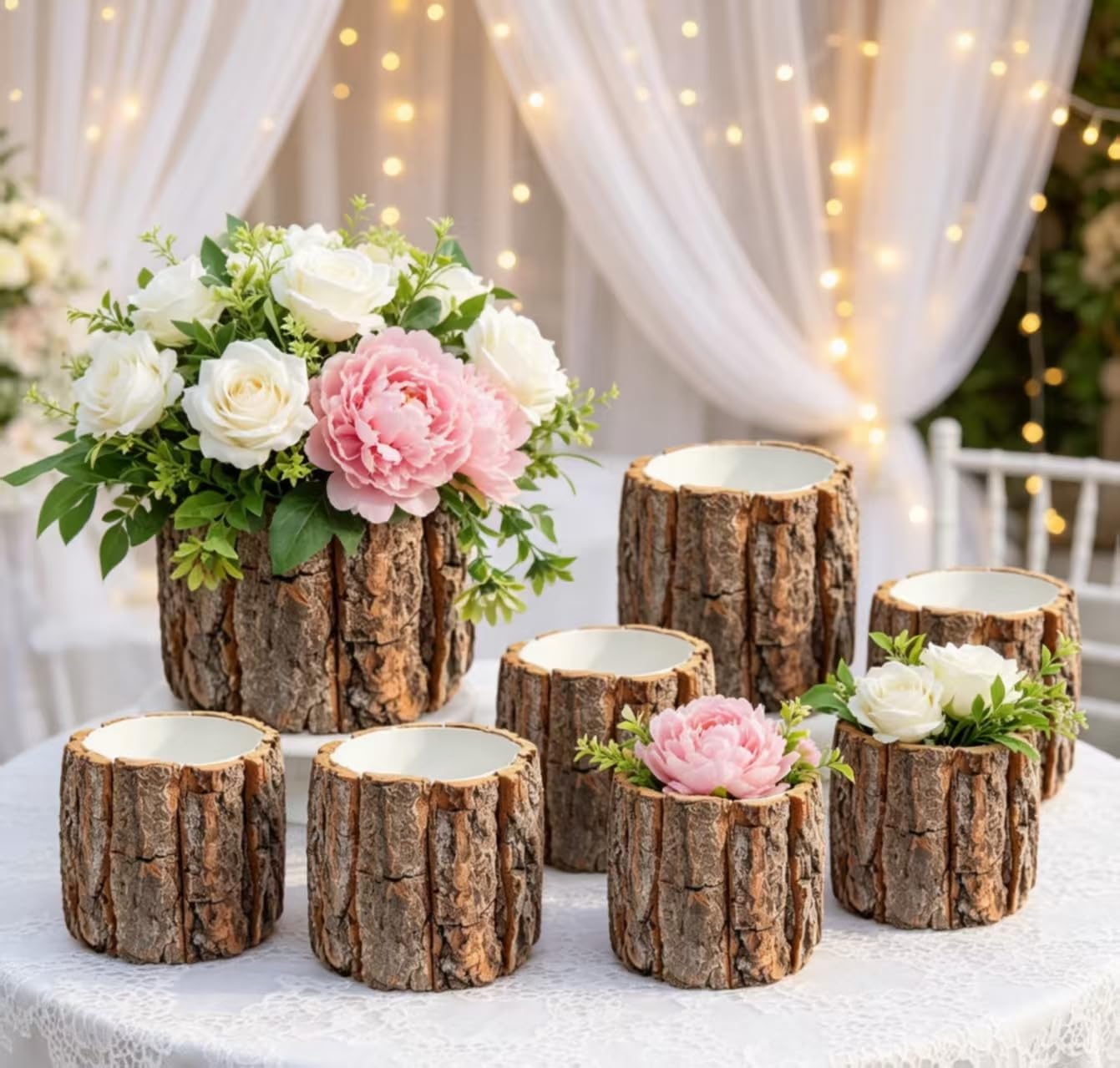 6 Set 4.72in Wooden Vases for Centerpieces, Wedding Flower Table Wood Vase Rustic Tree Stump Planter Pots with Foam Blocks for Woodland Party Home Farmhouse Table Decor (6 Set with Flower Foam)