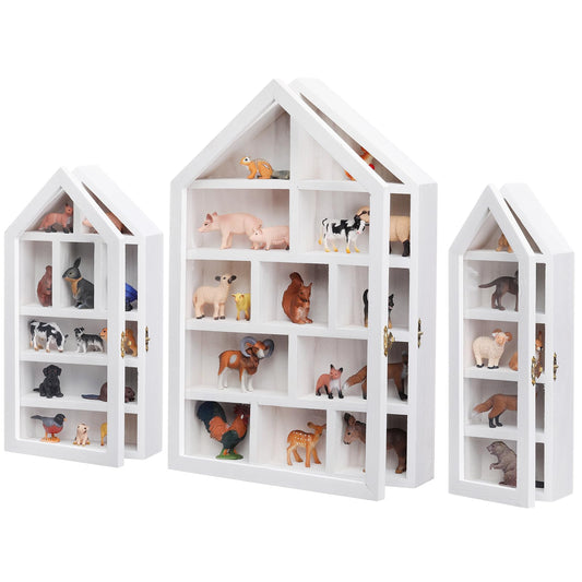 DoubleFill Set of 3 Wooden Shadow Box Frame with Shelves Large Trinket Shelf Display Cases Wall Mounted for Mini Figures Curio Cabinet Medals Wedding Bouquet Photos(White,House Shape)