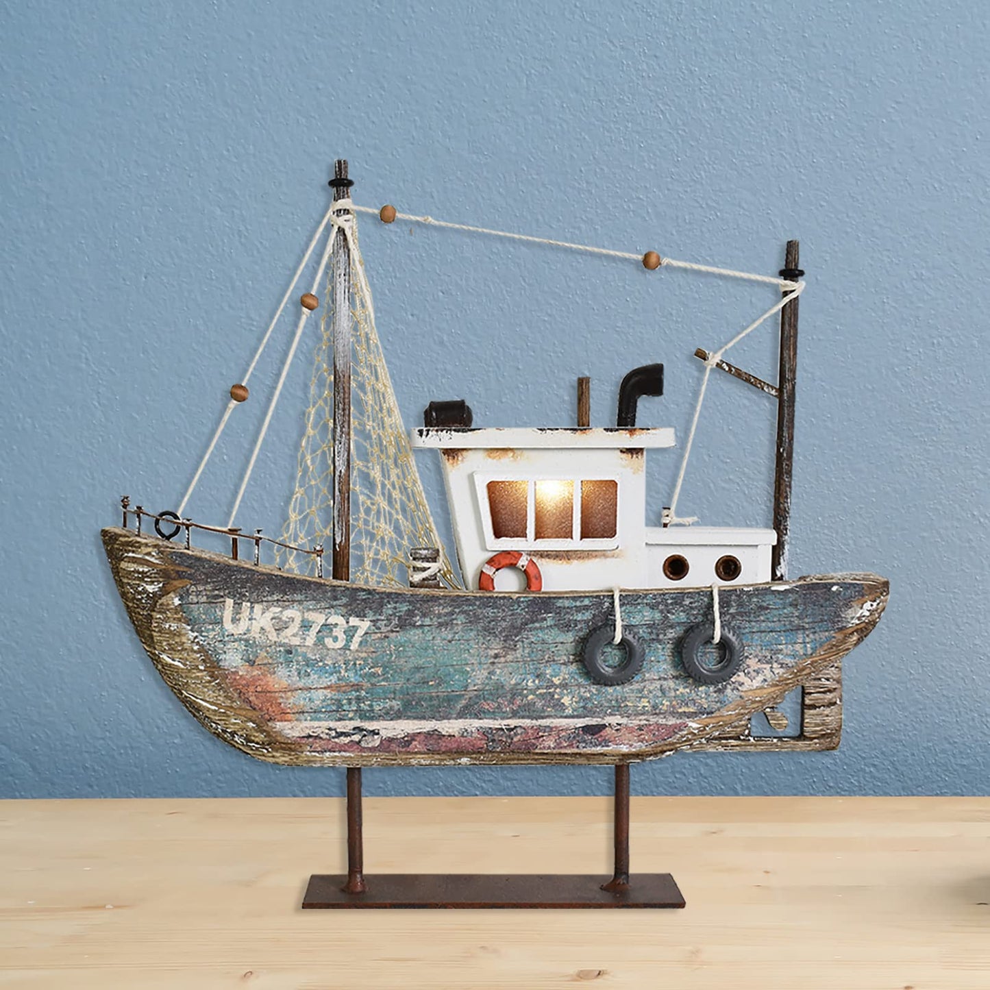 wovorins Wood Sailboat Nautical Decor with LED Light - Decorative Sailing Boat Model Beach Themed Ship Table Centerpiece Rustic Distressed Ocean Decoration Boats Figurine Ornaments