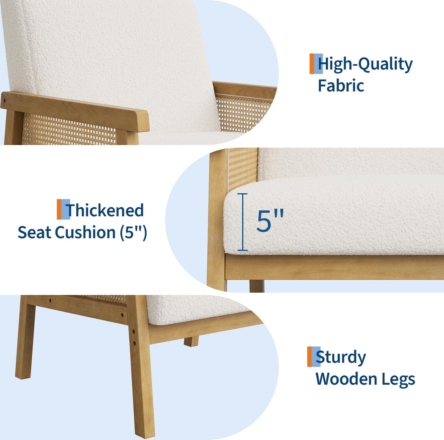 IDEALHOUSE Rattan Accent Chair, Boucle Armchair, Upholstered Reading Chair with Wooden Frame and High Back, Leisure Chairs for Living Room Bedroom Waiting Room Reception, White