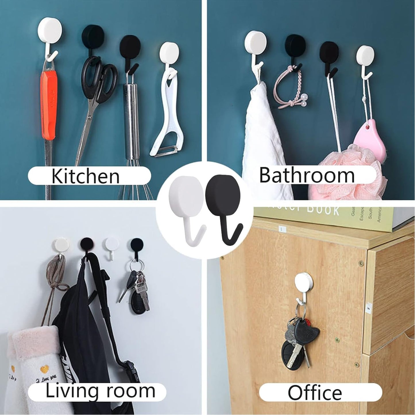 MOROBOR Self Adhesive Hooks, 60pcs Heavy Duty Plastic Hooks Wall Key Hook Holders Stocking Holder for Home Kitchen Bathroom Office Door (Black)