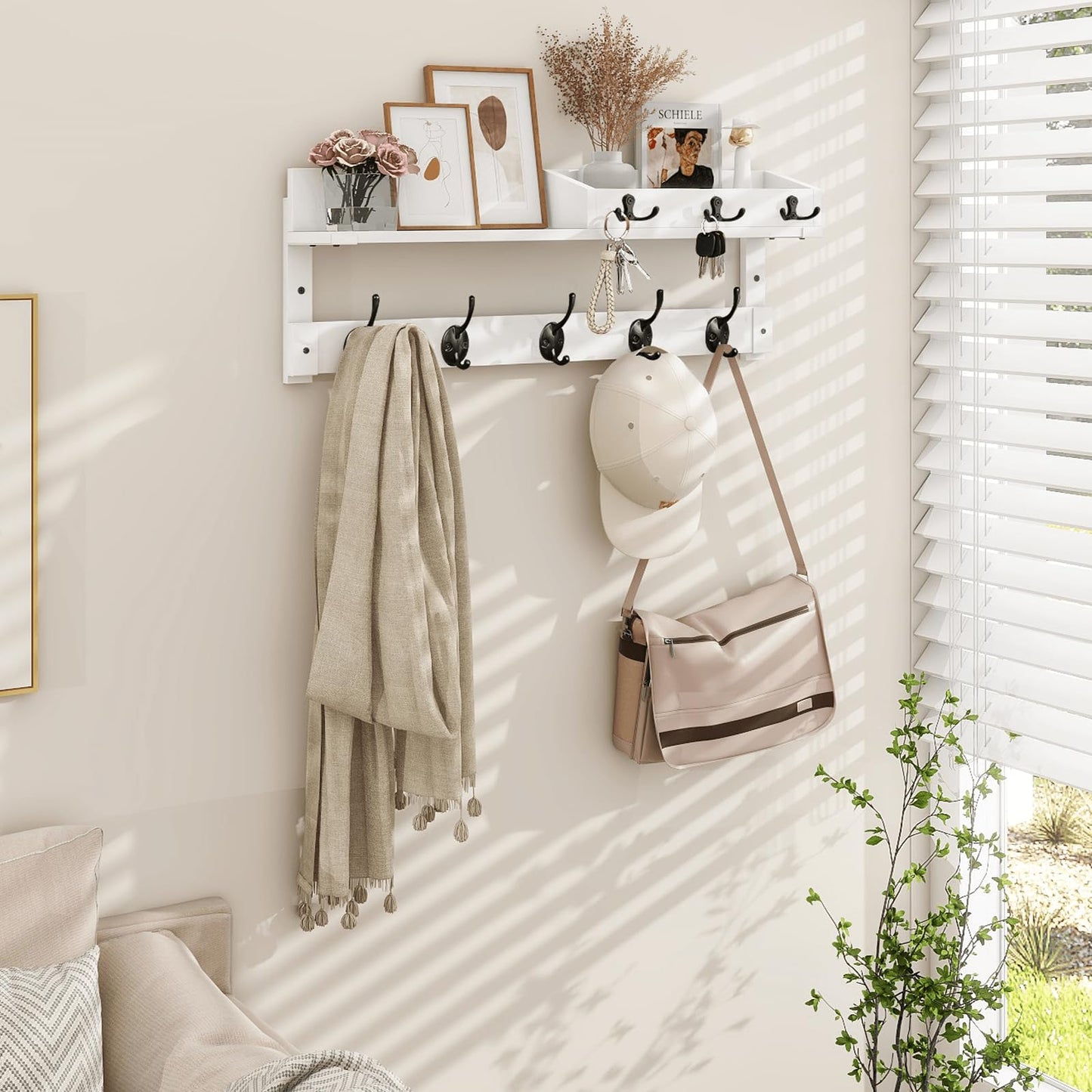 Homode Coat Rack Wall Mount with Hooks and Mail Holder, Entryway Floating Shelf with Key Hooks, Hanging Coat Hanger for Entry, Bathroom, Hallway, Bedroom, White