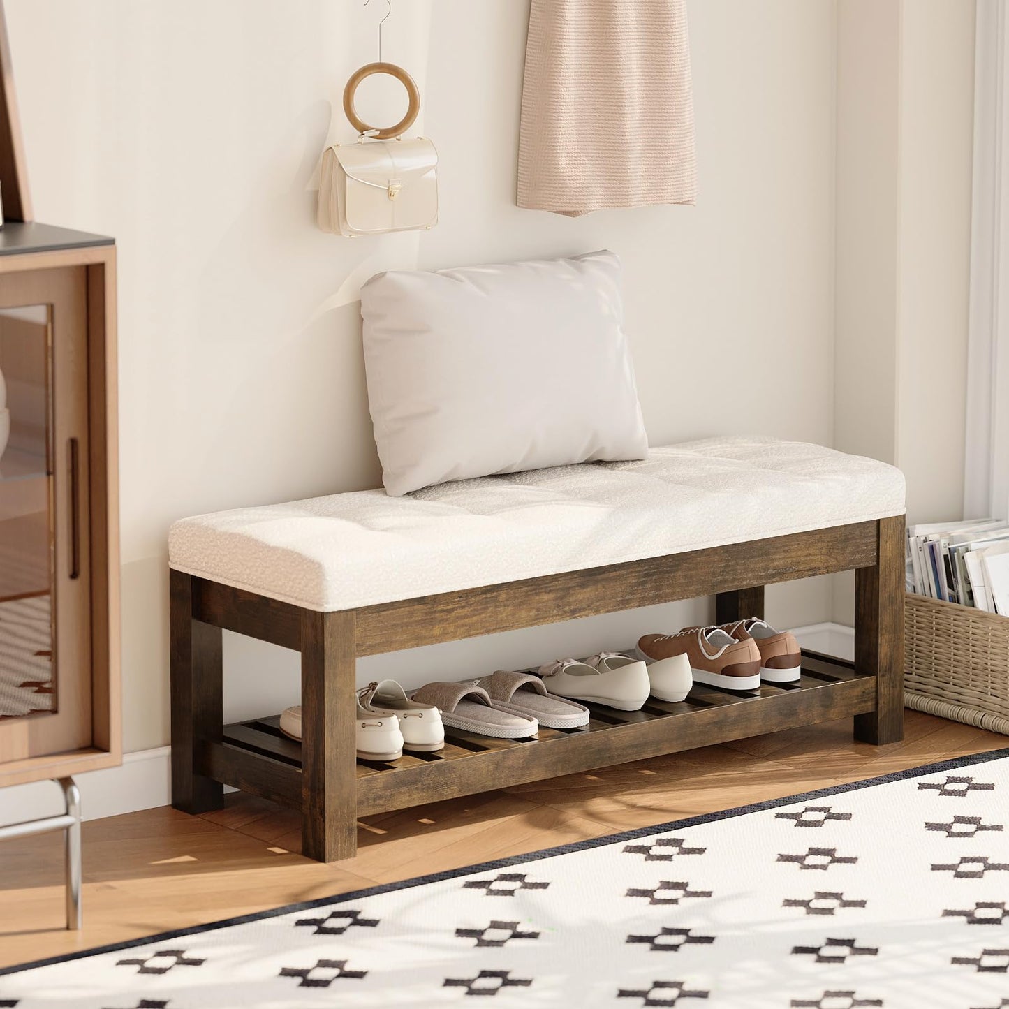 Welfuturer Large Upholstered Ottoman Bench Entryway Storage Benches Tufted Linen Ottoman Bench with Wood Shelf Padded End of Bed Bench for Bedroom Living Room Hallway Decor