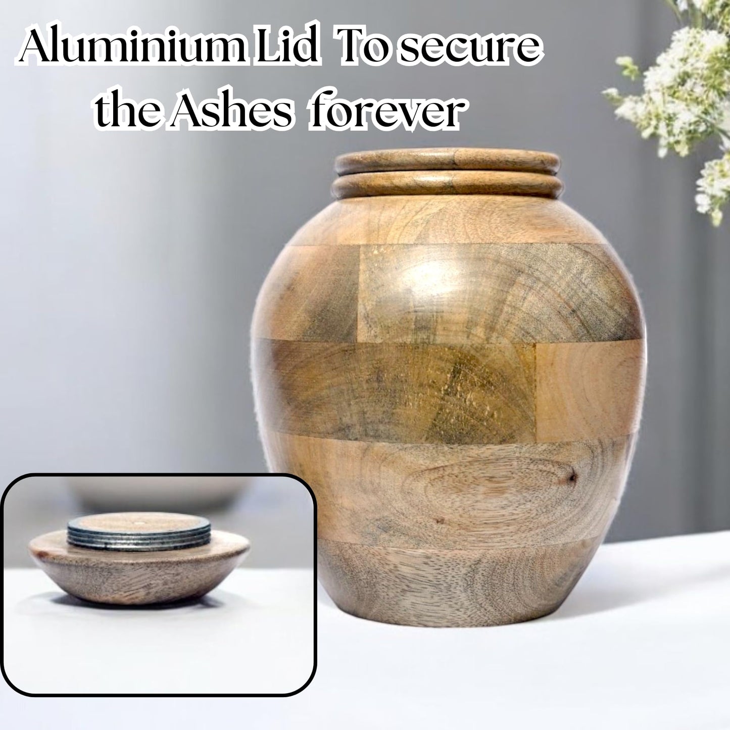 INDISCH DECOR Plant Urn for Adult Human Ashes Cremation Wooden Urn Suitable for Adult Men and Women - Decorative Funeral Urn planter with ceremic pot (Natural Brown)