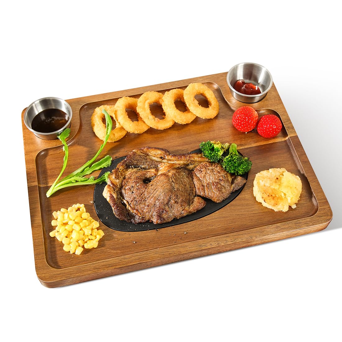 HALE OTEIR Acacia Wood Steak Plates - Steak Plate Cutting Board 2 Sauce Cups for Meat Cheese Appetizers, Wood Serving Board, Charcuterie Board Platter Perfect for Housewarming, Christmas, Mother's Day