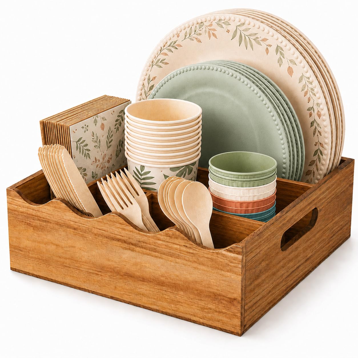 Utensil Holder & Silverware Organizer, Acacia Wood Kitchen Utensil Caddy for Countertop, 6 Compartment Paper Plate Holders & Dispenser, Wooden Cutlery Holder with Handle for Party, Natural Acacia