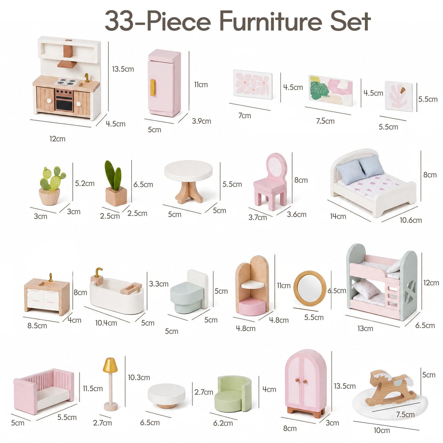 Giant bean 33PCS Wooden Dollhouse Furniture Set for Kids, Modern Pink Doll House Furniture Accessories with Bedroom, Nursery, Kitchen, Bathroom,Living Room, Montessori Pretend Play Toys for Girls 3+