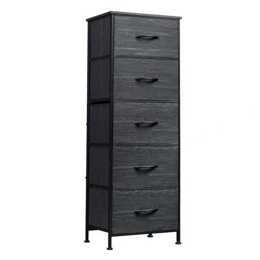 WLIVE Fabric Dresser, 5-Drawer Tall Dressers for Bedroom, Storage Dresser Organizer with Wood Top, Sturdy Steel Frame, Chest of Drawers for Closet, Hallway, Charcoal Black Wood Grain Print