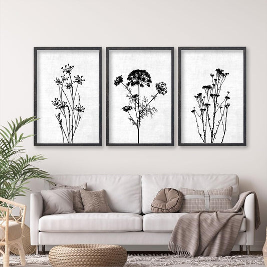 Flower Plant Wall Art Decor 16"x11" Set of 3 Black And White Botanical Painting Wood Framed For Minimalist Bedroom Office Rustic Living Room Abstract Wildflower Sign Hanging (Black)