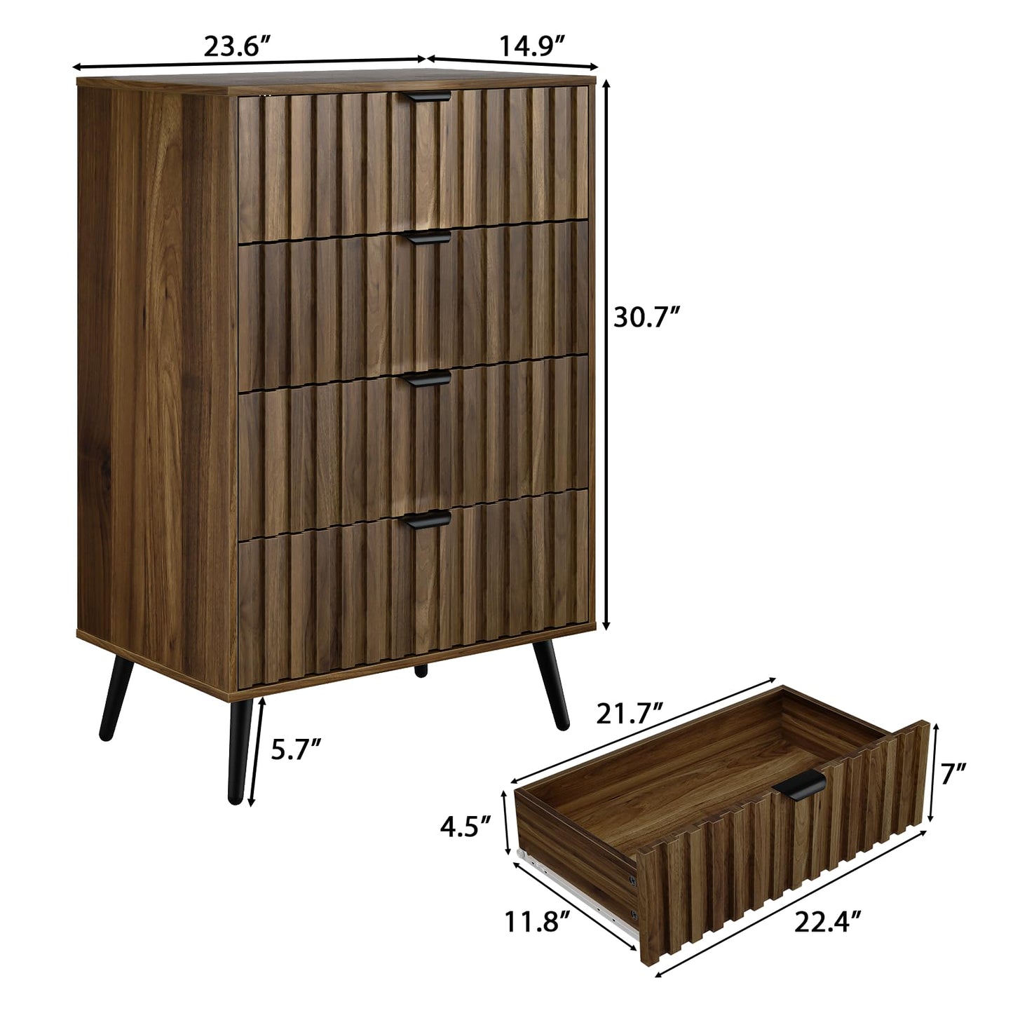 Mino Kesper Walnut Fluted 4 Drawers Dresser for Bedroom, Chest of Drawers with Metal Wide Handle, Wooden Dresser for Closet, Bedroom, Living Room, 23.6" x 14.9"D x 30.7" H