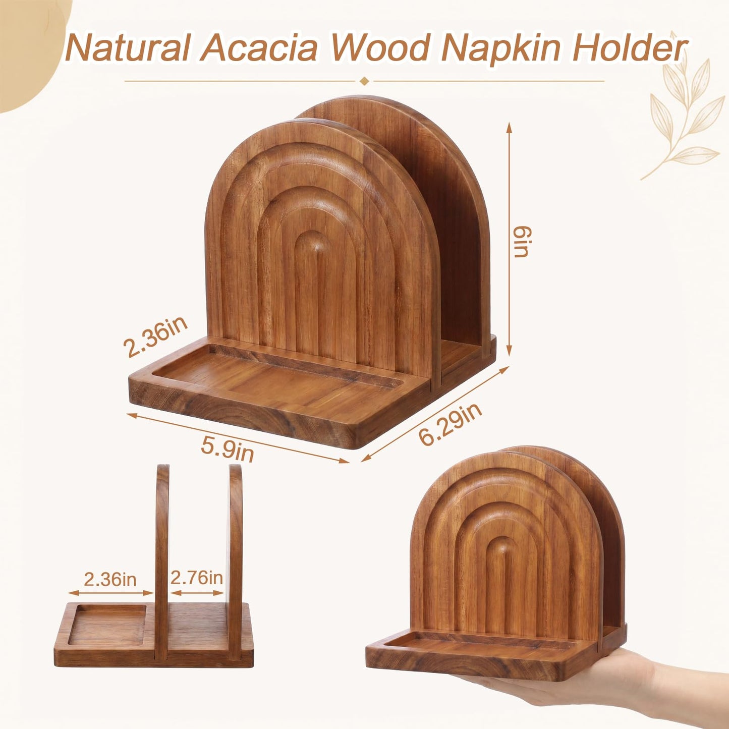 Singhoow Acacia Wood Napkin Holder with Salt and Pepper Shaker Caddy, Modern Arch Paper Napkin Dispenser and Condiment Organizer for Dining Table Kitchen Counter, Farmhouse Boho Home Decor