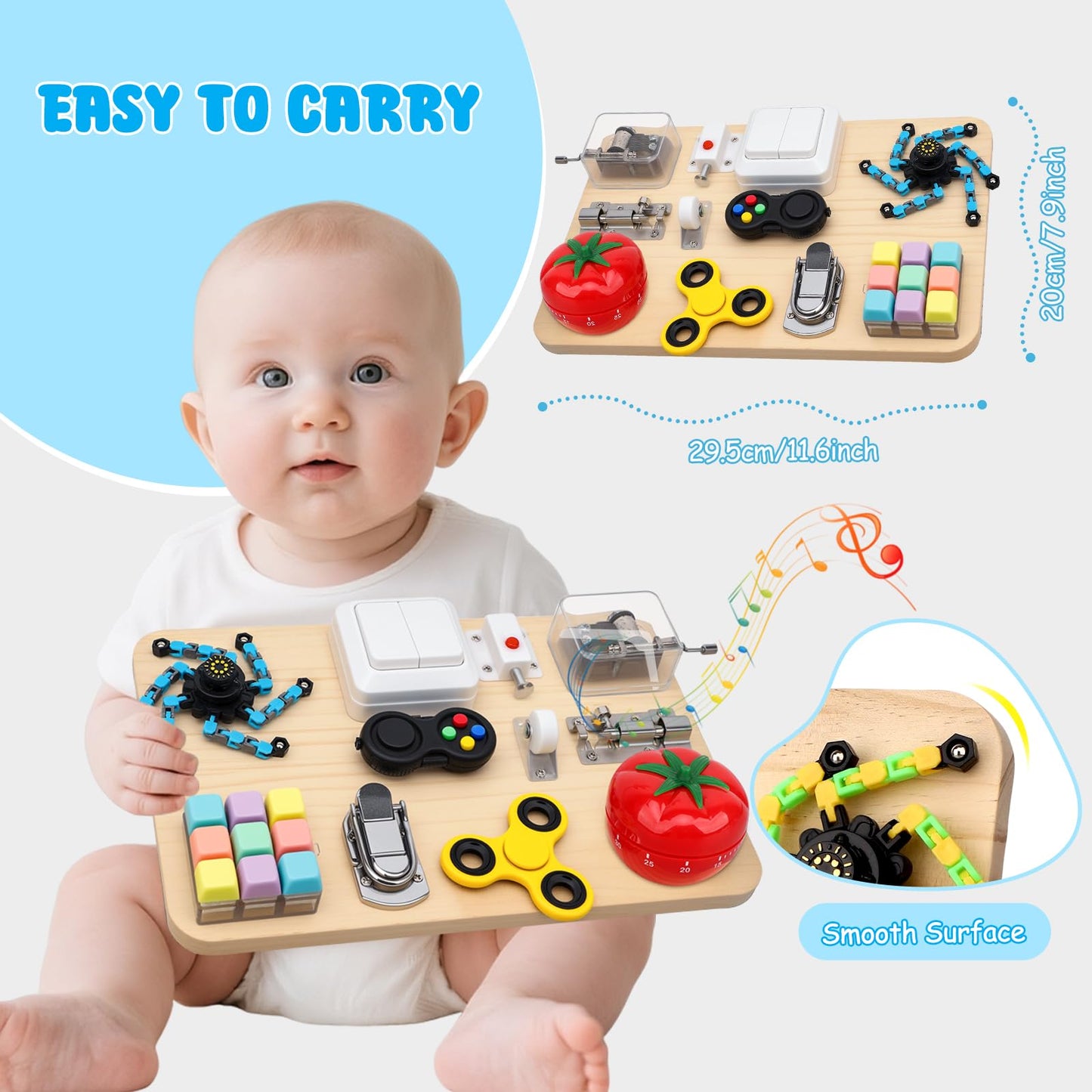 Wooden Busy Board Fidget Pad for Kids Adults, Musical Fidget Spinner for Stress Relief, 11 in 1 Sensory Fidget Toys for Travel, Preschool Learning Activities Fine Moto