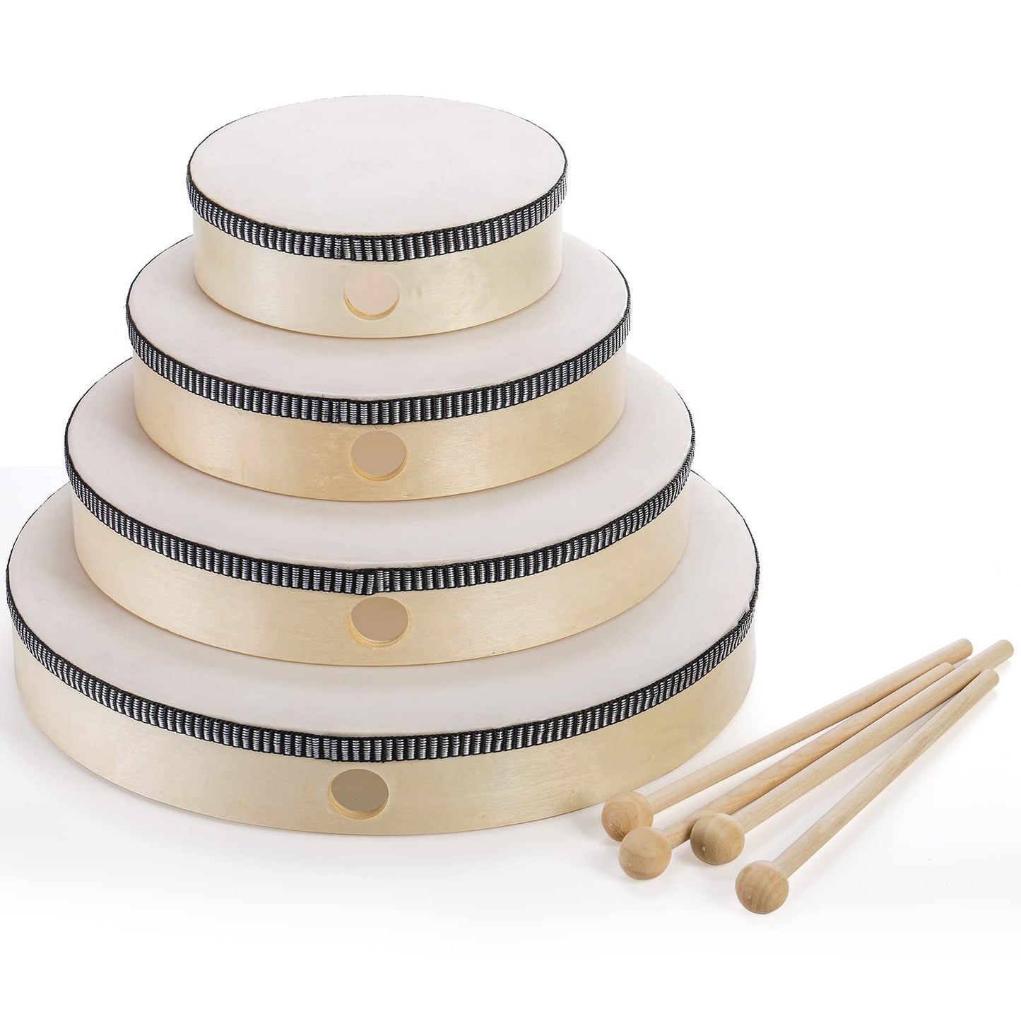 Foraineam 4 Pack Hand Drum 12 Inch 10 Inch 8 Inch 6 Inch Wood Drum Set Musical Percussion Instrument Wooden Frame Drum with Wooden Drum Sticks for Home Party Supplies