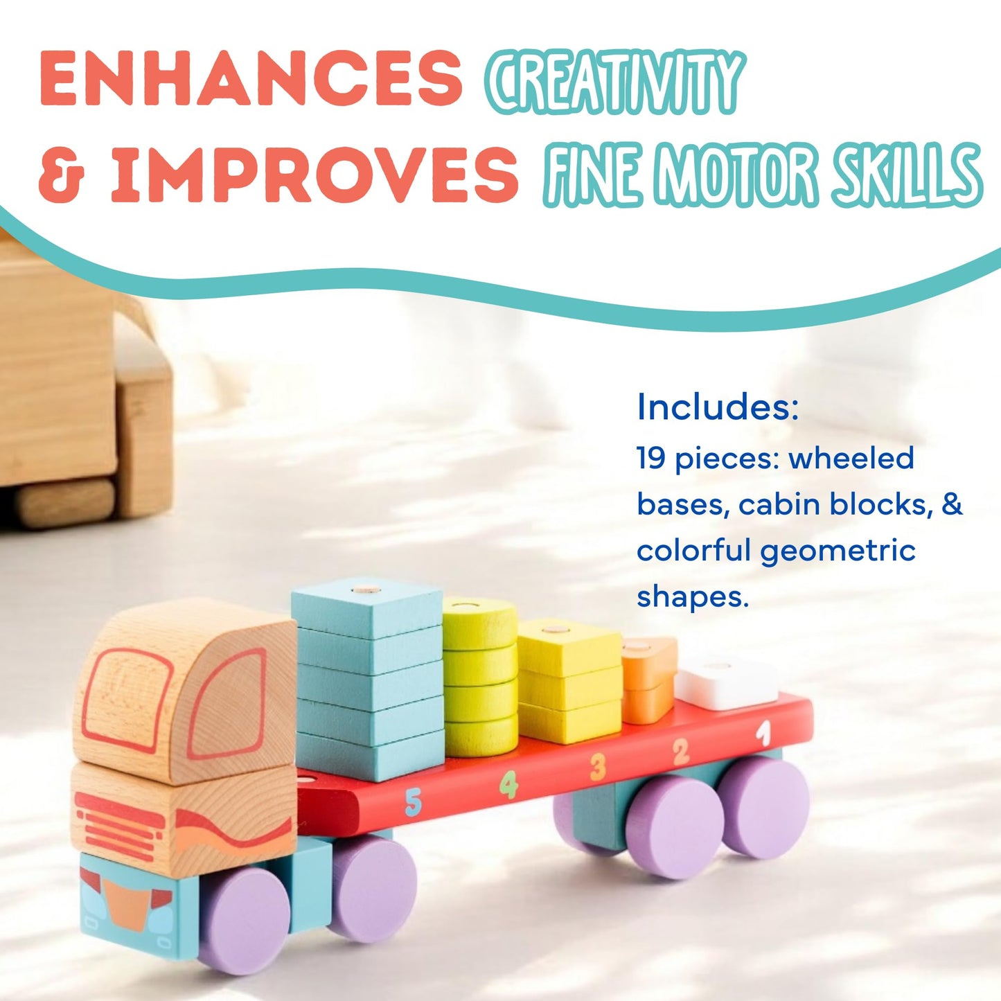 CUBIKA Wooden Geometric Shapes Truck– Montessori Toy for Toddlers Ages 3+– Shape Sorter and Stacking Truck Building Toy– FSC-Certified Wood, German Water-Based Paints, Travel-Friendly
