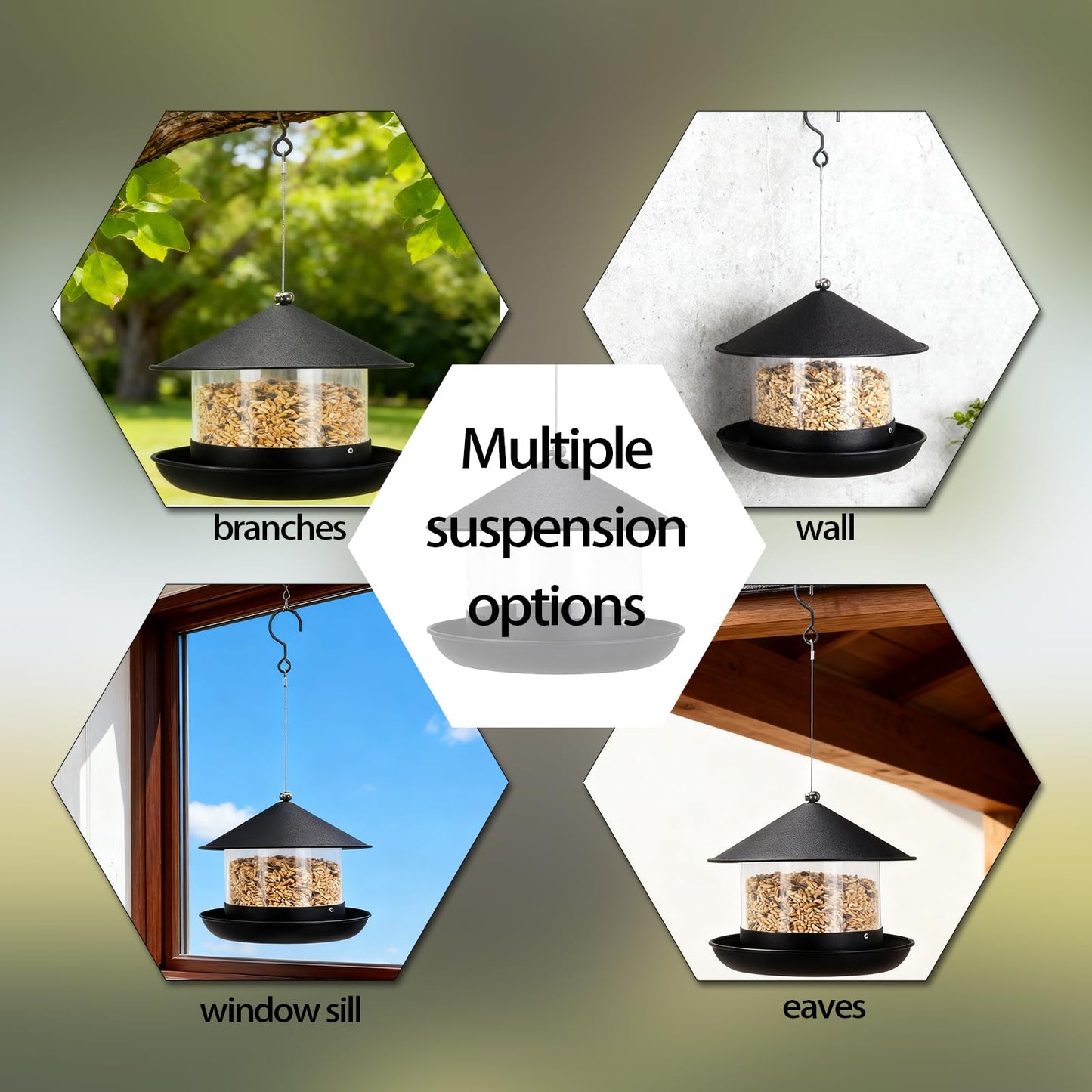 QZLOHOM Wild Bird Feeder, Large Capacity Hanging Bird Feeder with Multiple Suspension Options, Black (Black)