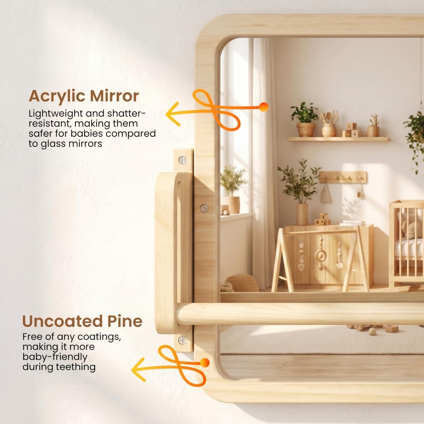 Woodtoe 3-in-1 Montessori Mirror with Bar, Adjustable Toddler Mirror & Pull Up Bar, Montessori Learning Toy for Baby 6-18 Months, Nursery Mirrors, Natural Wood Furniture for Daycare, Kids Classroom