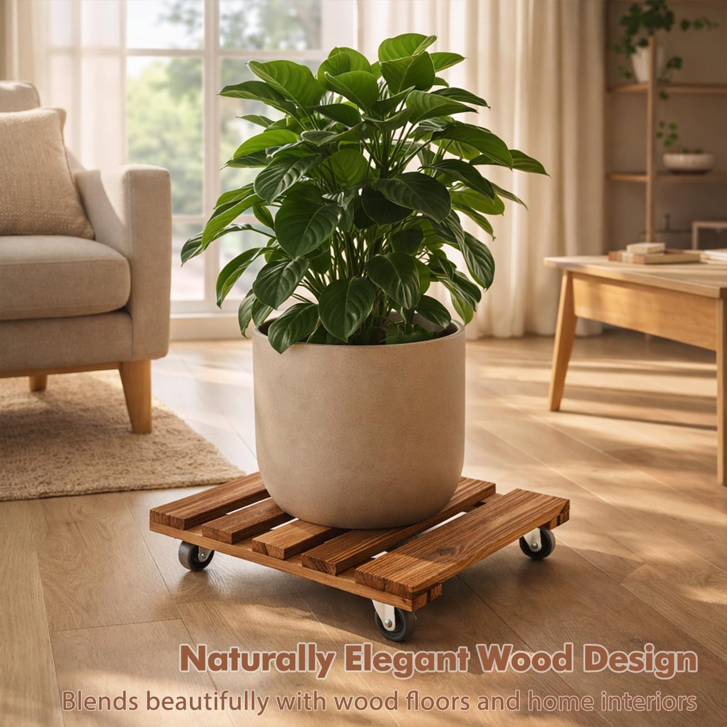 13.5 Inch Plant Caddy with Wheels, 4 Pack Rolling Plant Stand Rollers with Casters Wooden Plant Dolly with Wheels Heavy Duty Rolling Planter Base for Indoor & Outdoor Plants Square Wood Flower Stand