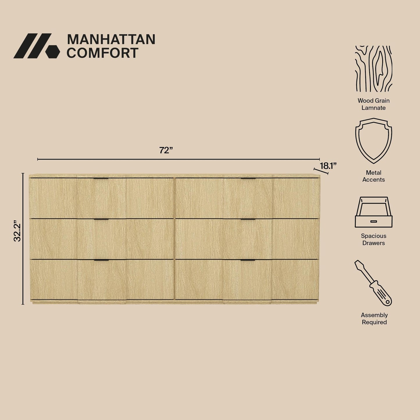 Manhattan Comfort Clive 72” Modern 6 Drawer Dresser, Wide Chest of Drawers with Sculpted Fluted Front & Accent Recessed Handles, Doubles as 70” TV Stand, Natural Oak