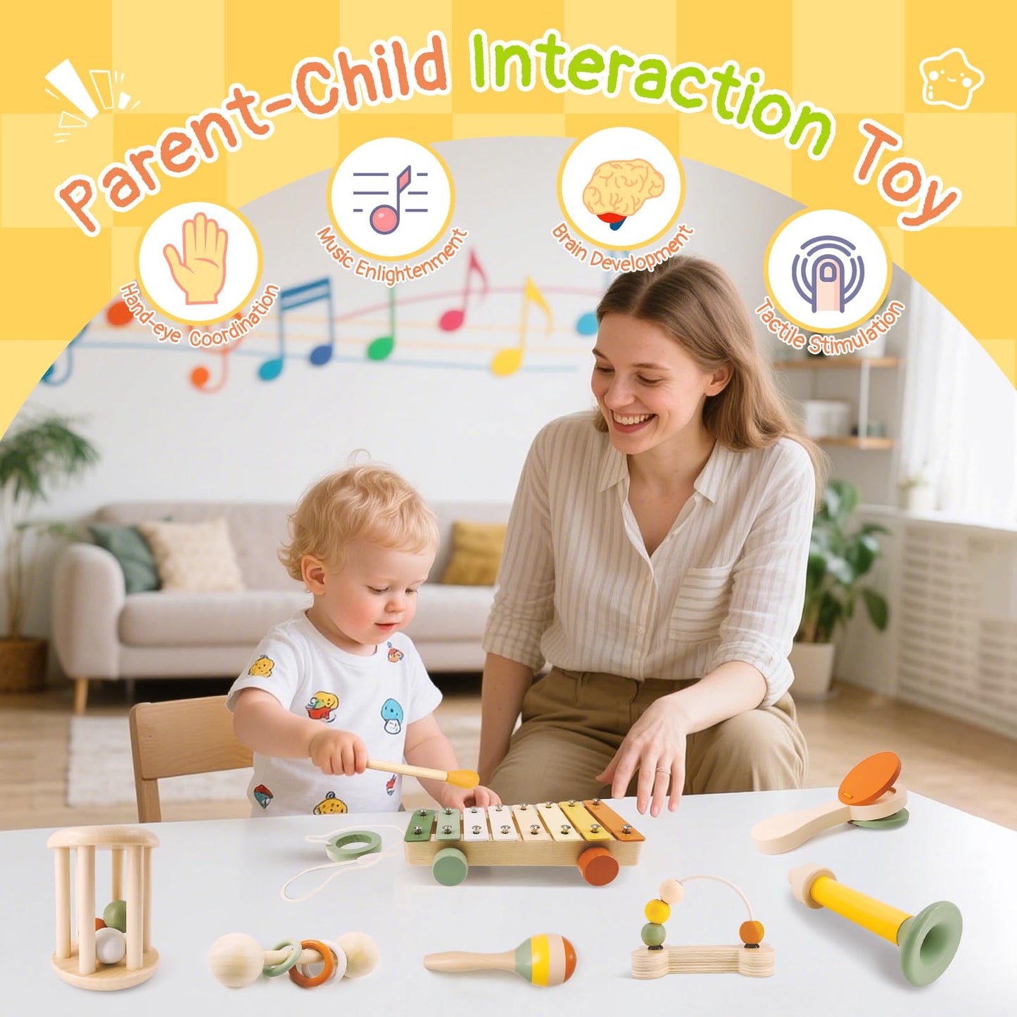 Pajojoqa 7pcs Musical Instruments Set 18M+ Montessori Toys 2 3 4 Neutral Colors Wooden Toys for Toddlers 3-5 Percussion Instruments Modern Boho Xylophone Sensory Gifts Boys Girls