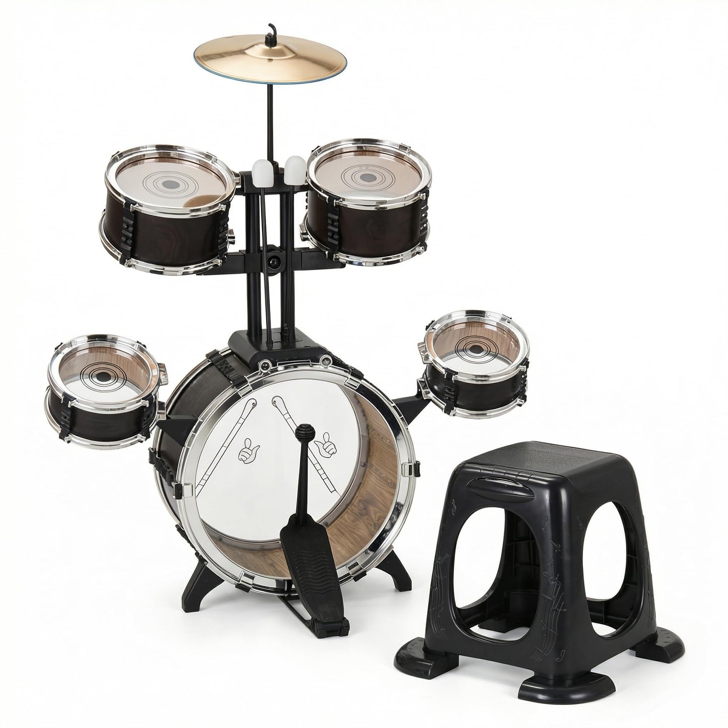 Soundo Kids Drum Set for Toddlers 3-5, 5 Piece Junior Drum Kit with Upgraded Heavy-Duty Anti-Tip Stool, Wood Grain Musical Instruments Toy for Boys & Girls, Birthday Gift for Age 3 4 5 6