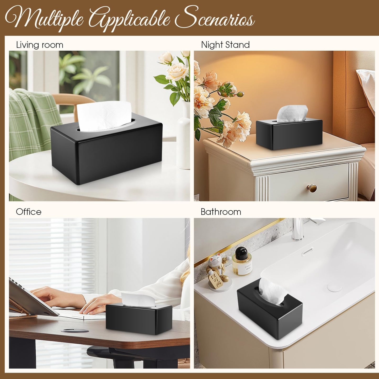 Y-in Hand Tissue Box Cover, Rectangle Facial Tissue Holder with Bottom, Decorative Storage Organizer Box for Bathroom Vanity, Countertops, Dressers, Night Stand, Parlors and Offices - Matte Black