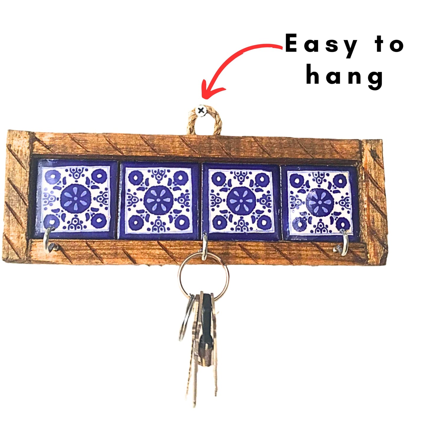 Casa Fiesta Designs Mexican Talavera Key Holder – Handcrafted Wooden & Ceramic Wall Organizer with 3 Metal Hooks – Blue & White Tile Design – Rustic Home Décor - Portallaves 4 Azulejos Azules