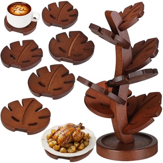 Zhehao 7 Pcs Bamboo Wooden Tree Trivets with Storage Stand, Tea Brown Tree Shape Coaster Trivet Set for Hot Dishes Pot Bowl Teapot Heat Resistant Mat Set for Countertop Kitchen Dining Table