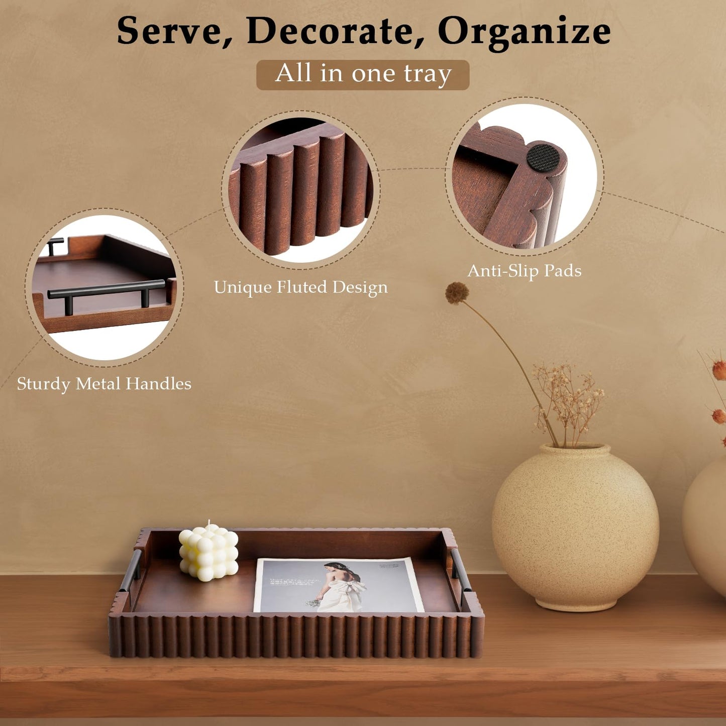 Cathyeen Acacia Wood Decorative Serving Tray with Handles, 16.7" x 12.8" Large Wooden Ottoman Tray for Living Room, Coffee Table Tray Decor for Food, Dinner, Tea or Breakfast in Bed (Walnut)