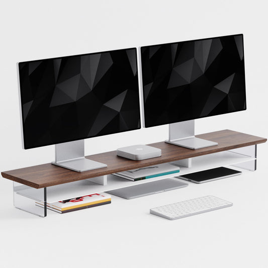FENSULN Dual‑Tier Monitor Stand for Modern Desk Setup – Minimalist Wooden and Metal Riser Shelf with Transparent Acrylic Feet for Dual Monitors, Laptops, Home Office Aesthetic，Brown and White