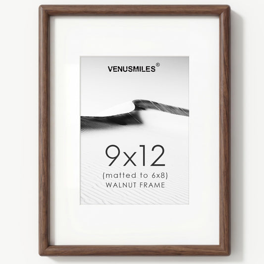 9x12 Picture Frame, USA-Sourced Natural Walnut Wood Photo Frame with Tempered Glass, Handcrafted Rounded Corner 9 x 12 Wooden Frame Matted to 6x8 Photos, Wall or Tabletop Display