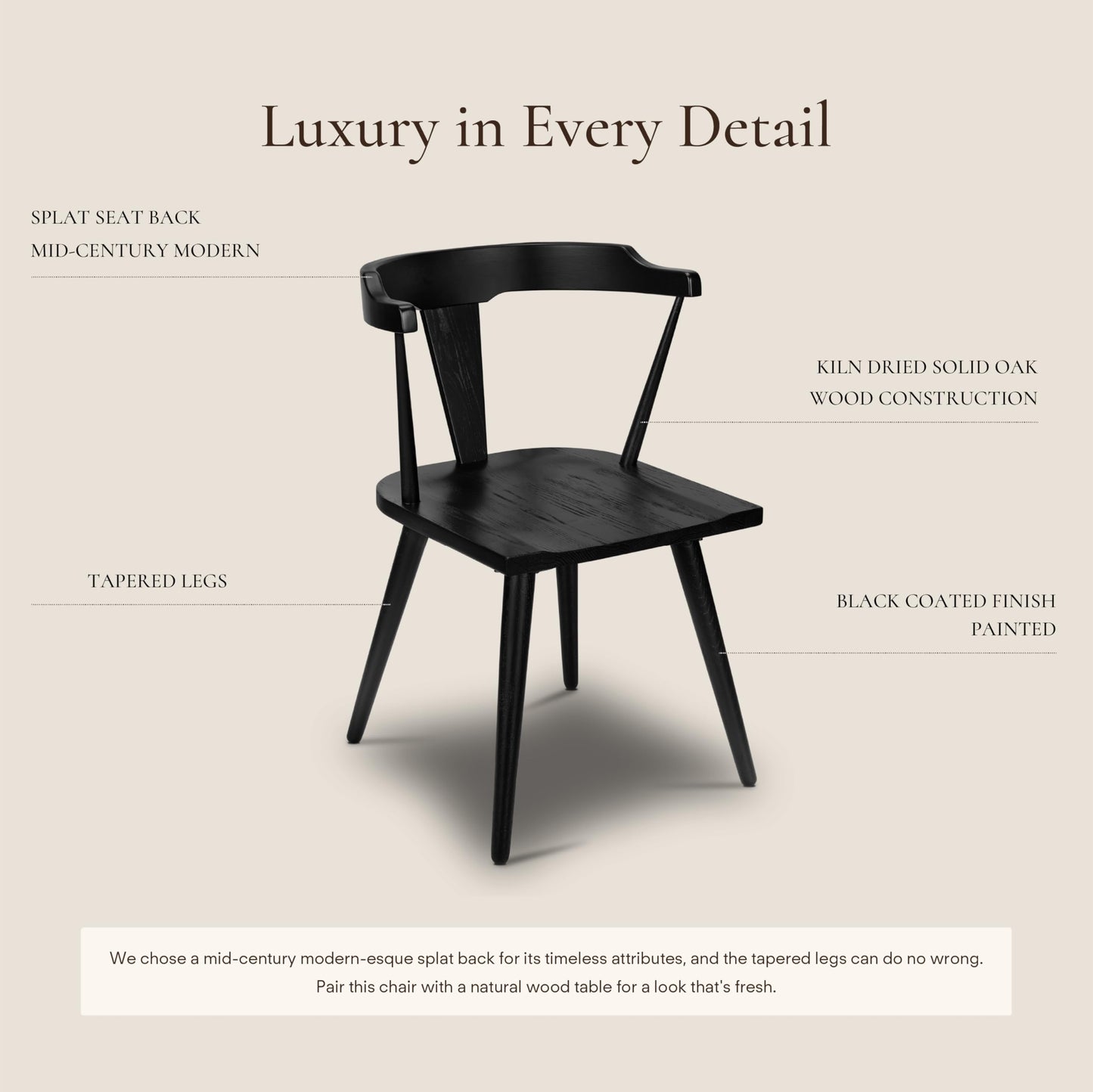 Poly & BARK Mid Century Modern Enzo Black Dining Chair – Solid Oak Wood Splat Back Chair, 18" Seat Height, 32" Tall – Stylish MCM Kitchen & Dining Room Chair - Set of 3